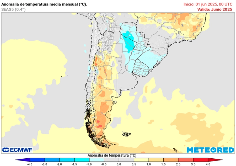 Anomalía de temperatura prevista para el mes de junio. Meteored