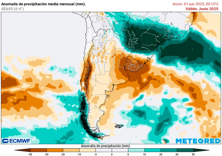 Anomalía de lluvias previstas para el mes de junio. Meteored