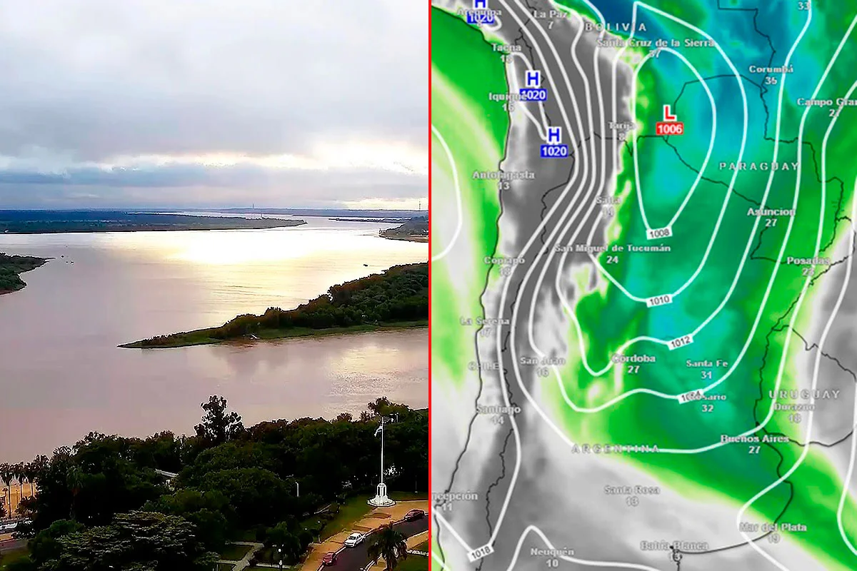 Imagen del tiempo en Paraná y el mapa de la ciclogénesis en Argentina.