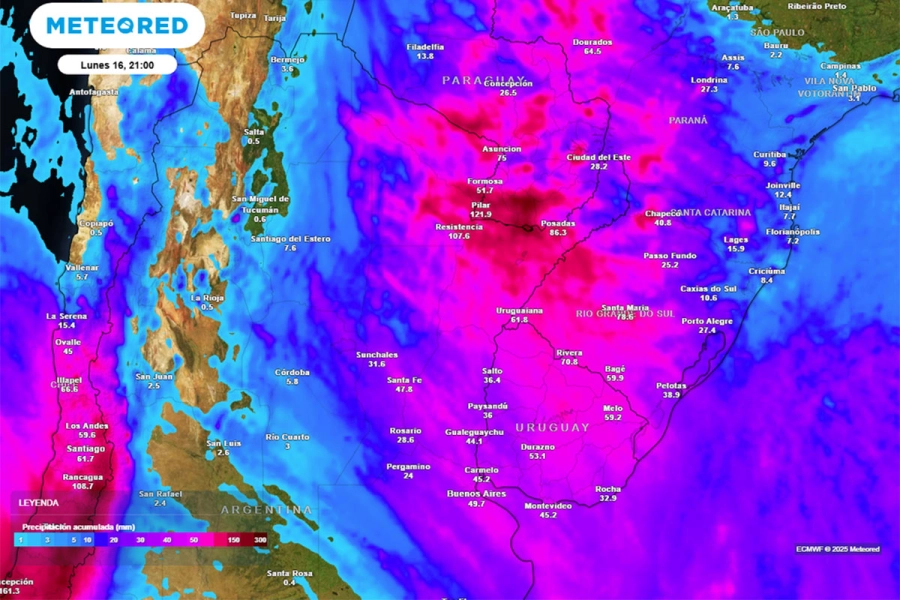 Los acumulados de lluvias previstos hasta el lunes. Meteored.