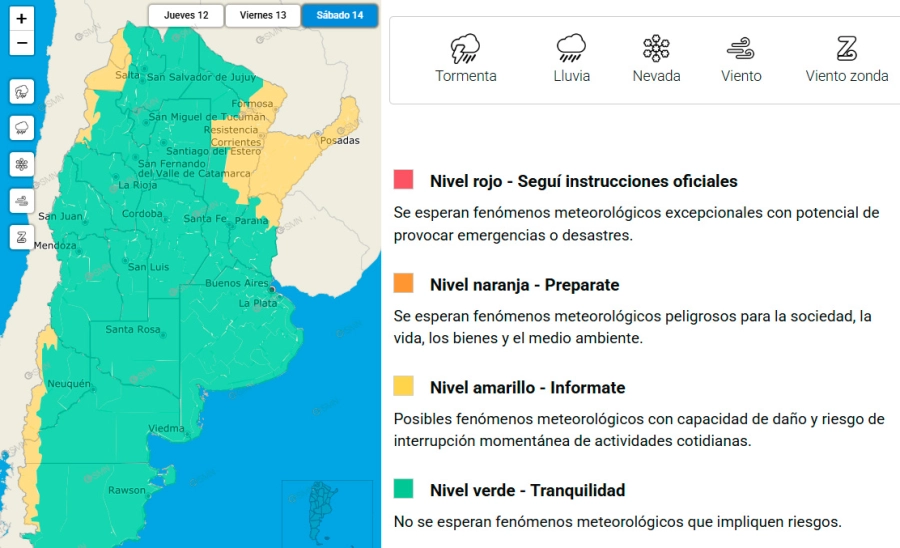 Alerta por tormentas para el sábado. SMN