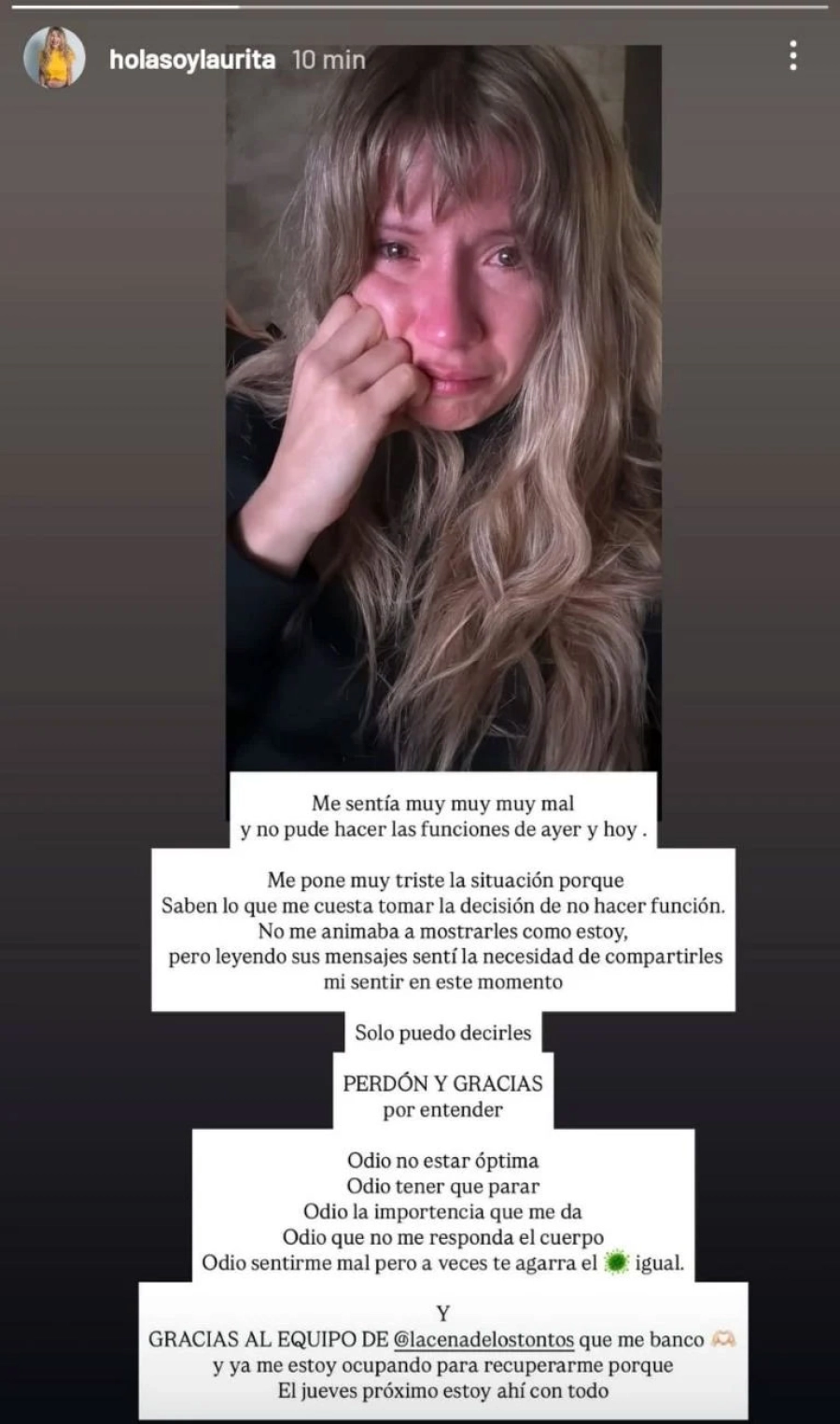 El mensaje de Laurita Fern&aacute;ndez. Instagram