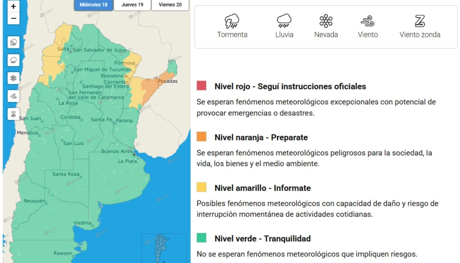 Las zonas del pa&iacute;s en alerta. SMN