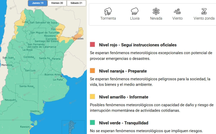 Las zonas del pa&iacute;s en alerta. SMN