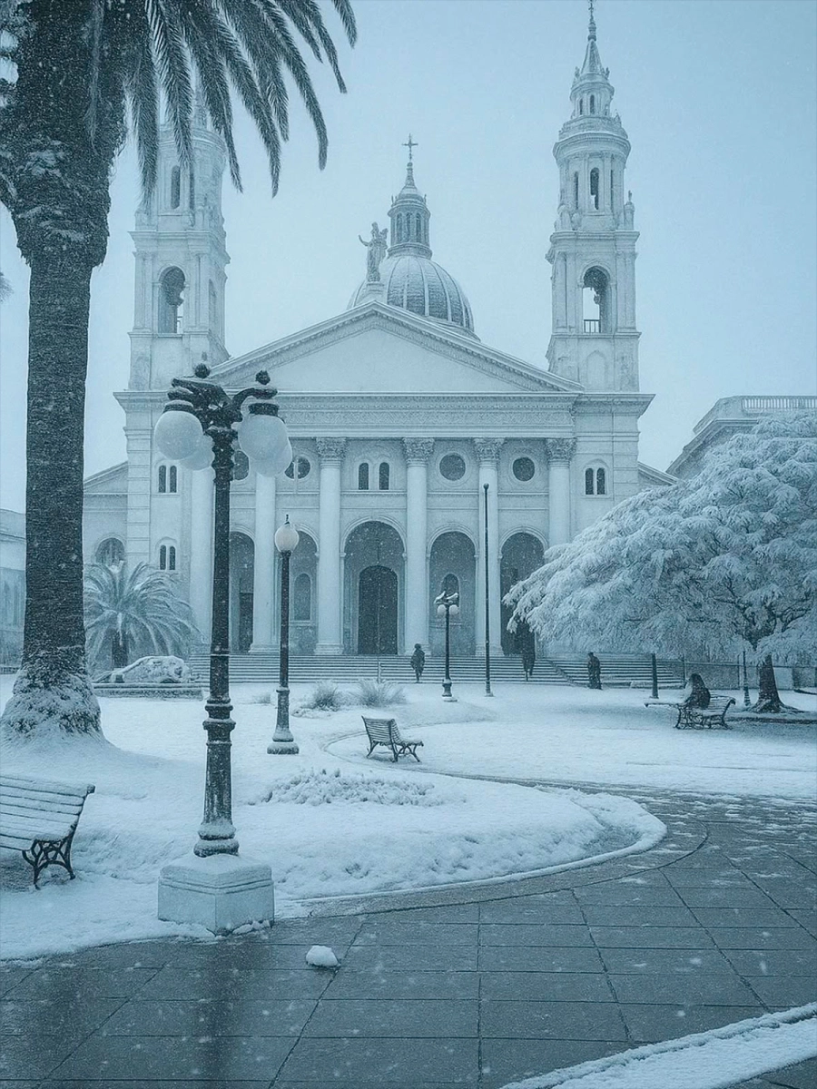 La plaza 1&ordm; de Mayo y la vista de la Catedral. Simulaci&oacute;n generada con IA en 2025. (PHM)