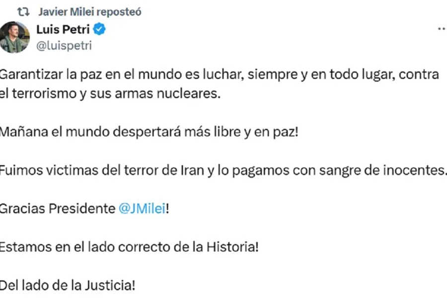 El mensaje de Luis Petri que retwitte&oacute; Javier Milei. Foto: X de Luis Petri.