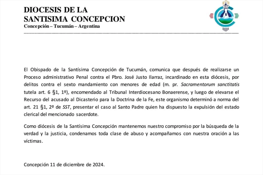Comunicado de la Sant&iacute;sima Concepci&oacute;n de Tucum&aacute;n.