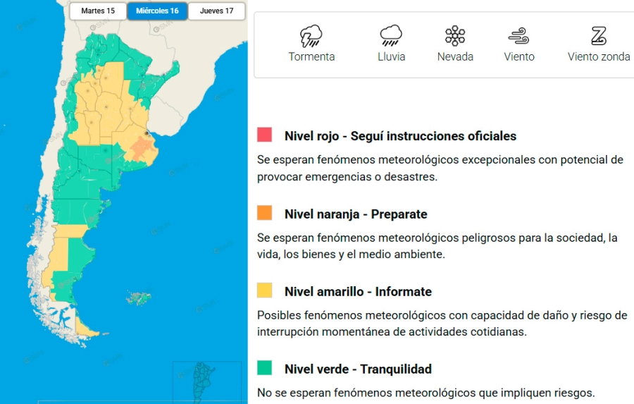 Alerta para este mi&eacute;rcoles por tormentas y vientos. SMN
