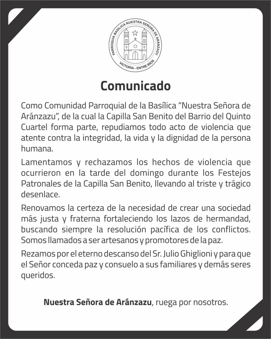 El comunicado de la Parroquia Nuestra Se&ntilde;ora de Ar&aacute;nzazu de Victoria