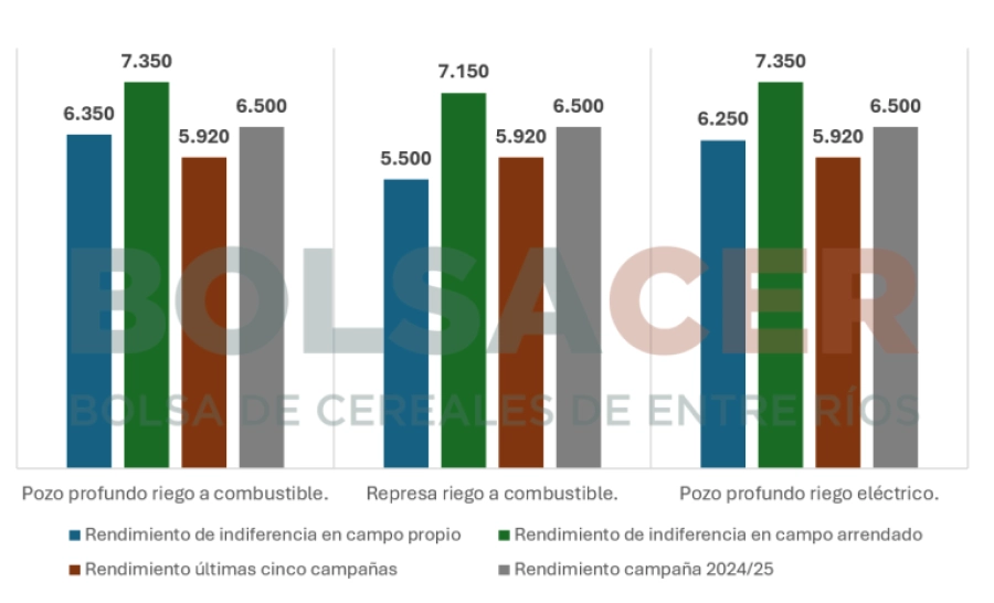 Comparativo rendimiento de indiferencia vs rendimientos observados en Entre R&iacute;os para arroz tipo largo ancho.