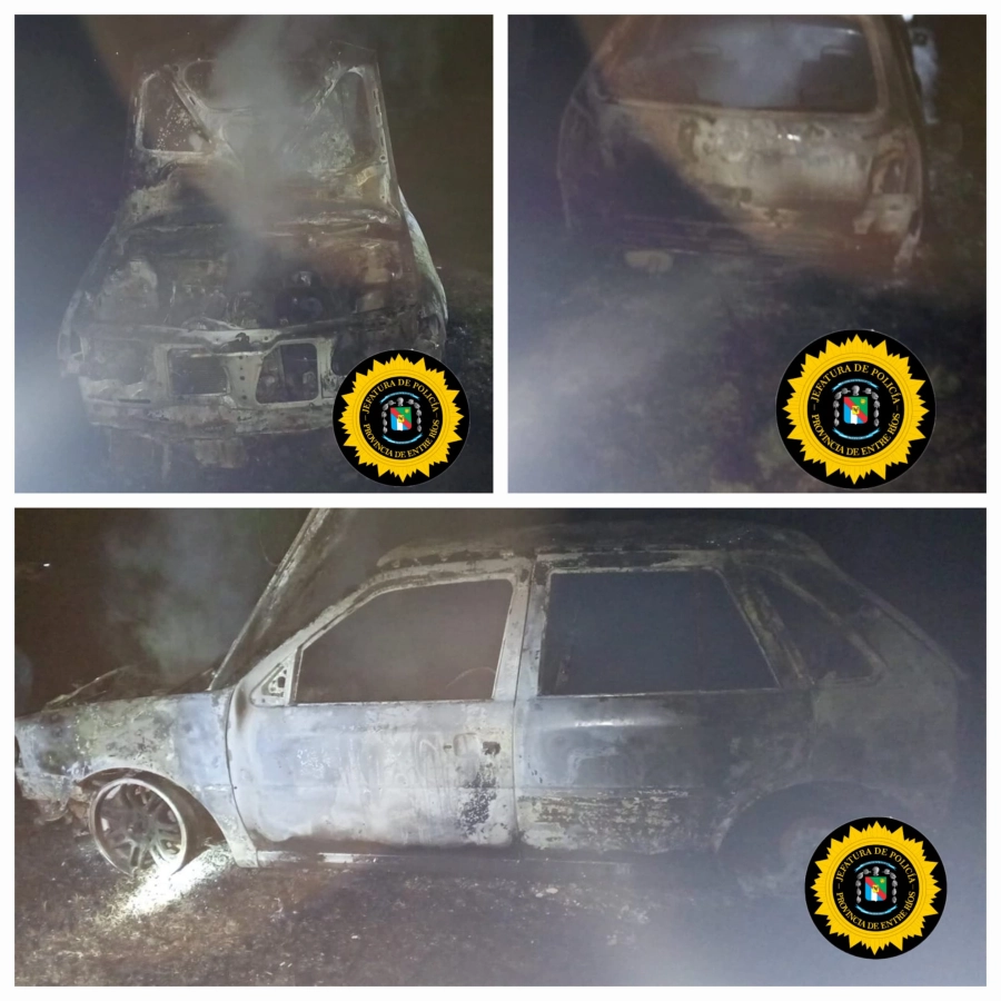 Hallaron un auto incendiado y abandonado a la vera de la ruta en La Paz (foto Polic&iacute;a de Entre R&iacute;os)