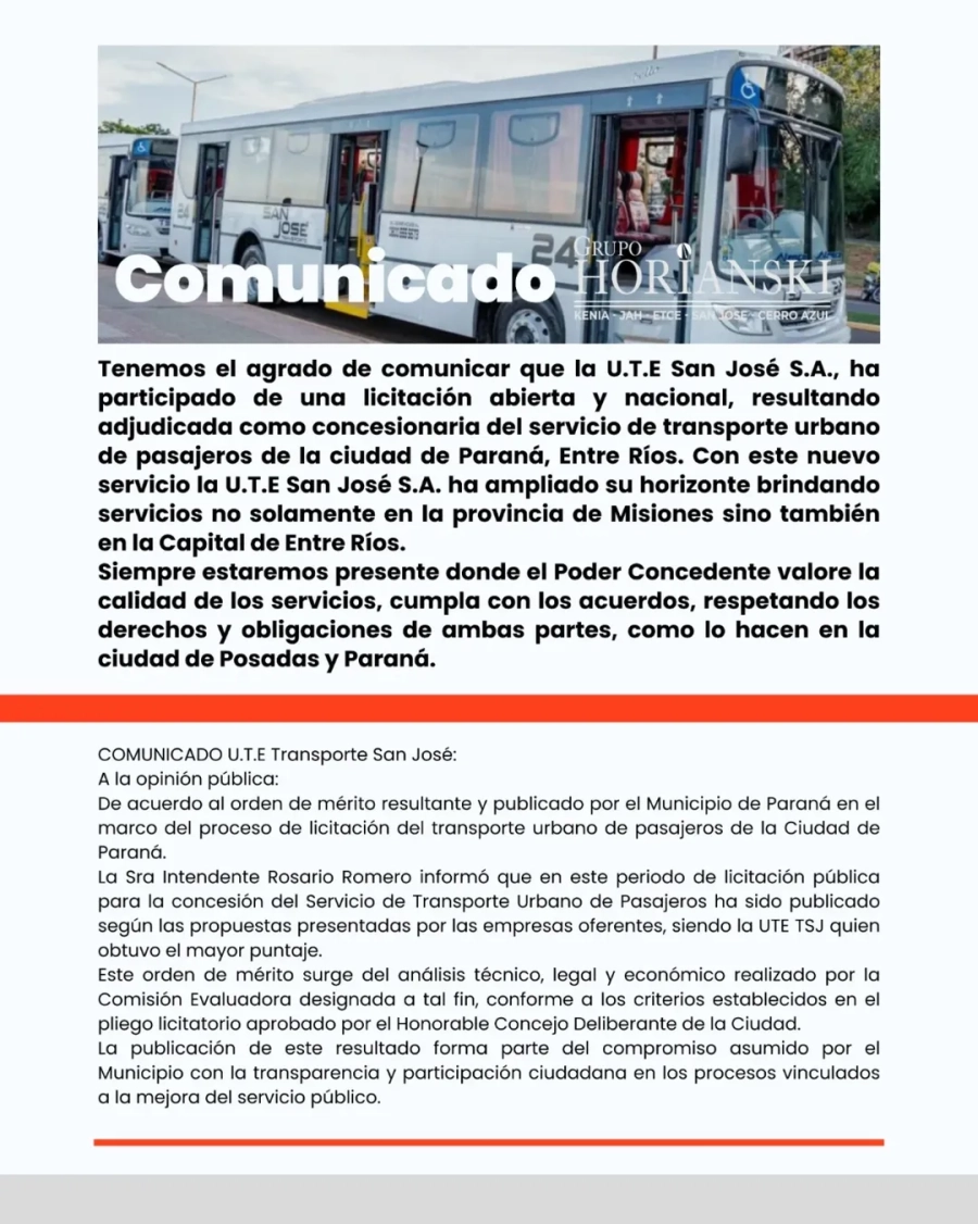 El comunicado de la firma San José S.A. (foto Instagram Grupo Horianski)