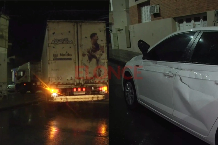 Camión chocó un auto estacionado y quedó atascado en transitada calle de Paraná