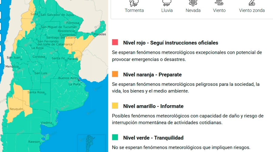 Las zonas en alerta para el sábado. SMN