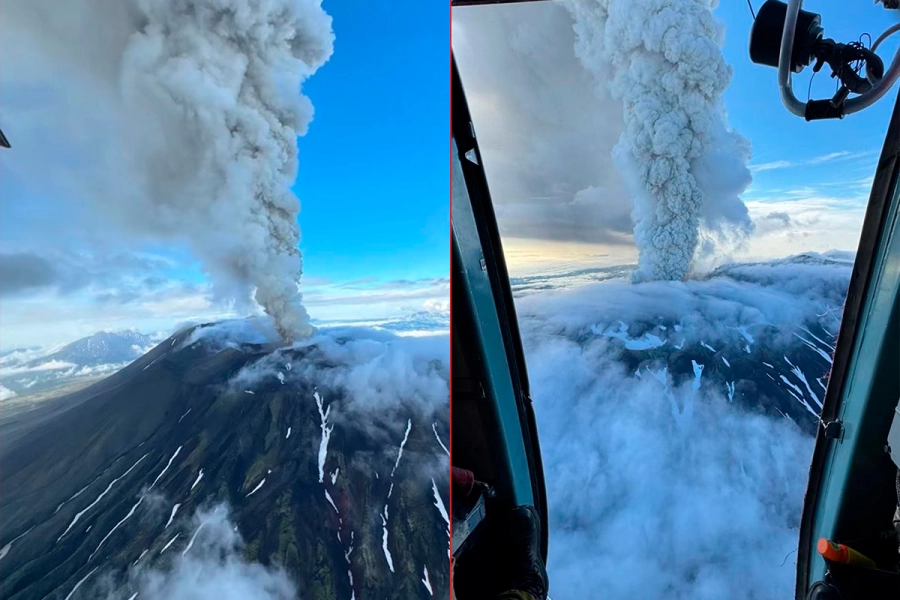 La erupci&oacute;n del volc&aacute;n Krasheninnikov vista desde un helic&oacute;ptero