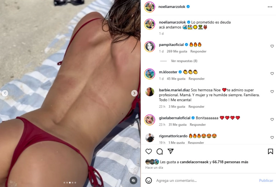 Noelia Marzol boca abajo en la playa. Instagram