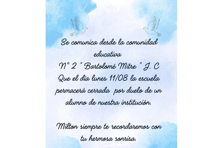 El mensaje en redes sociales. Foto: Escuela Nº2 Bartolomé Mitre.