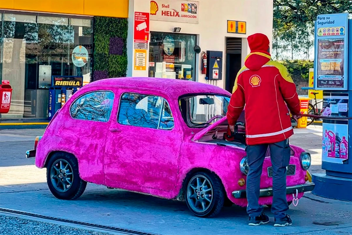 Joven cubrió de tela de peluche rosa su Fiat 600 en Paraná