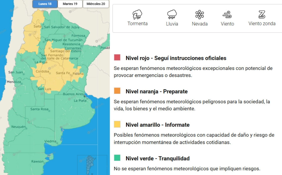 Las zonas del pa&iacute;s en alerta. SMN