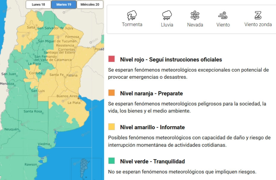 Alerta por tormentas para el martes. SMN