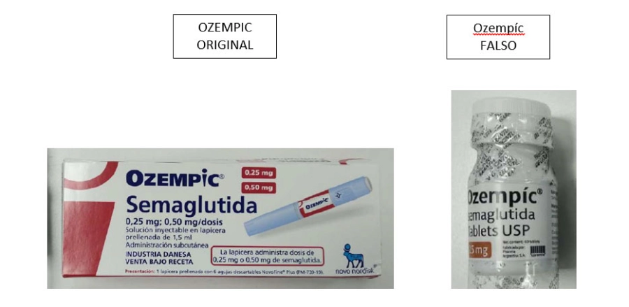 La versión original y la falsa de Ozempic. ANMAT