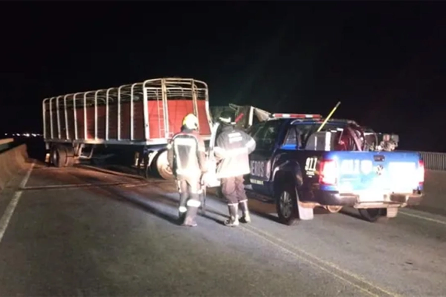 Choque entre camión con ganado y pickup en ruta 174