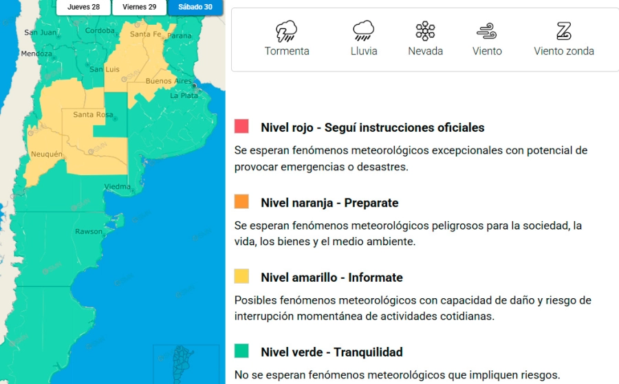 Zonas en alerta para el sábado. SMN
