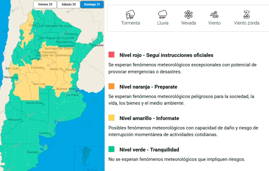 Las zonas en alerta para el domingo a la madrugada. SMN