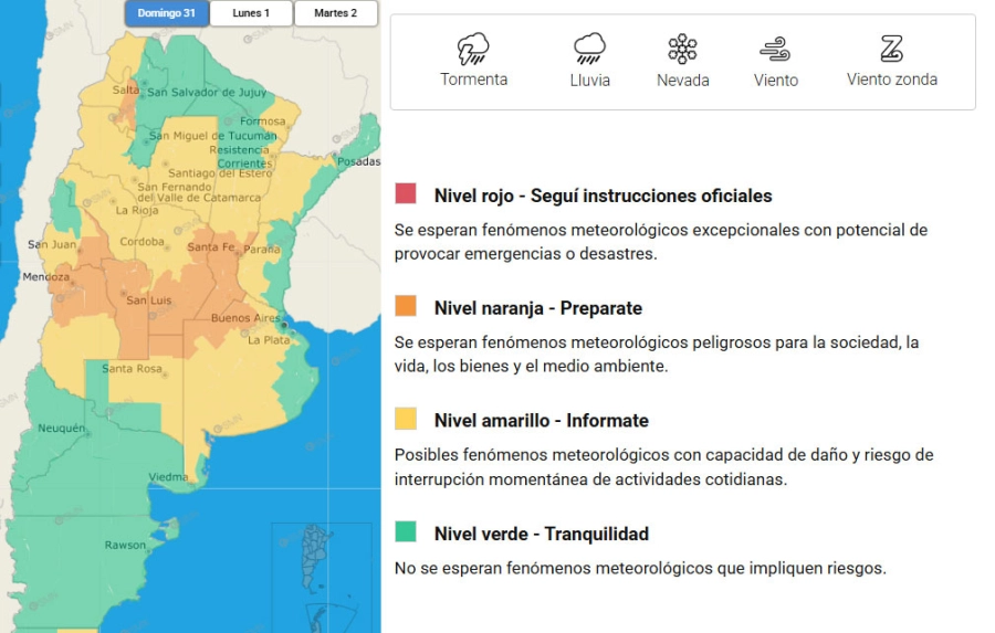 Las zonas en alerta este domingo. SMN