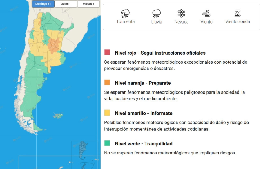 La zona de Argentina bajo alerta por tormentas. SMN