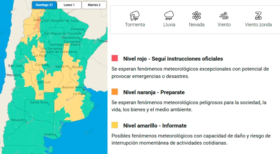 Las provincias en alerta para este domingo. SMN