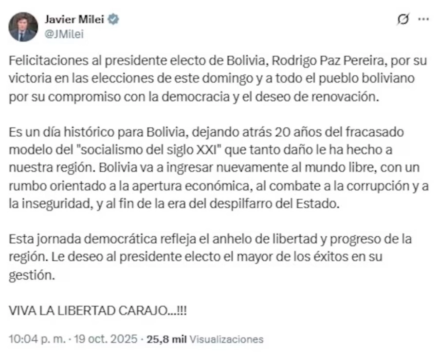 Javier Milei felicit&oacute; a Rodrigo Paz tras su triunfo en Bolivia