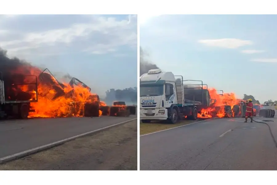 Incendio destruy&oacute; la carga de un cami&oacute;n en Santa Fe (foto Aire de Santa Fe)