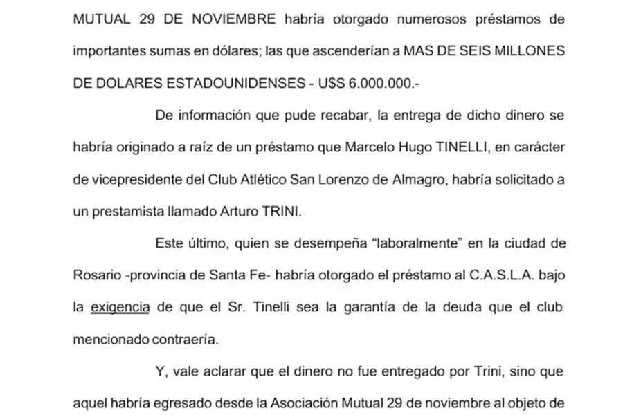Parte de la denuncia penal que presentó un socio de San Lorenzo donde pide que se investigue el préstamo que recibió Marcelo Tinelli de la Asociación Mutual rosarina (foto La Nación)