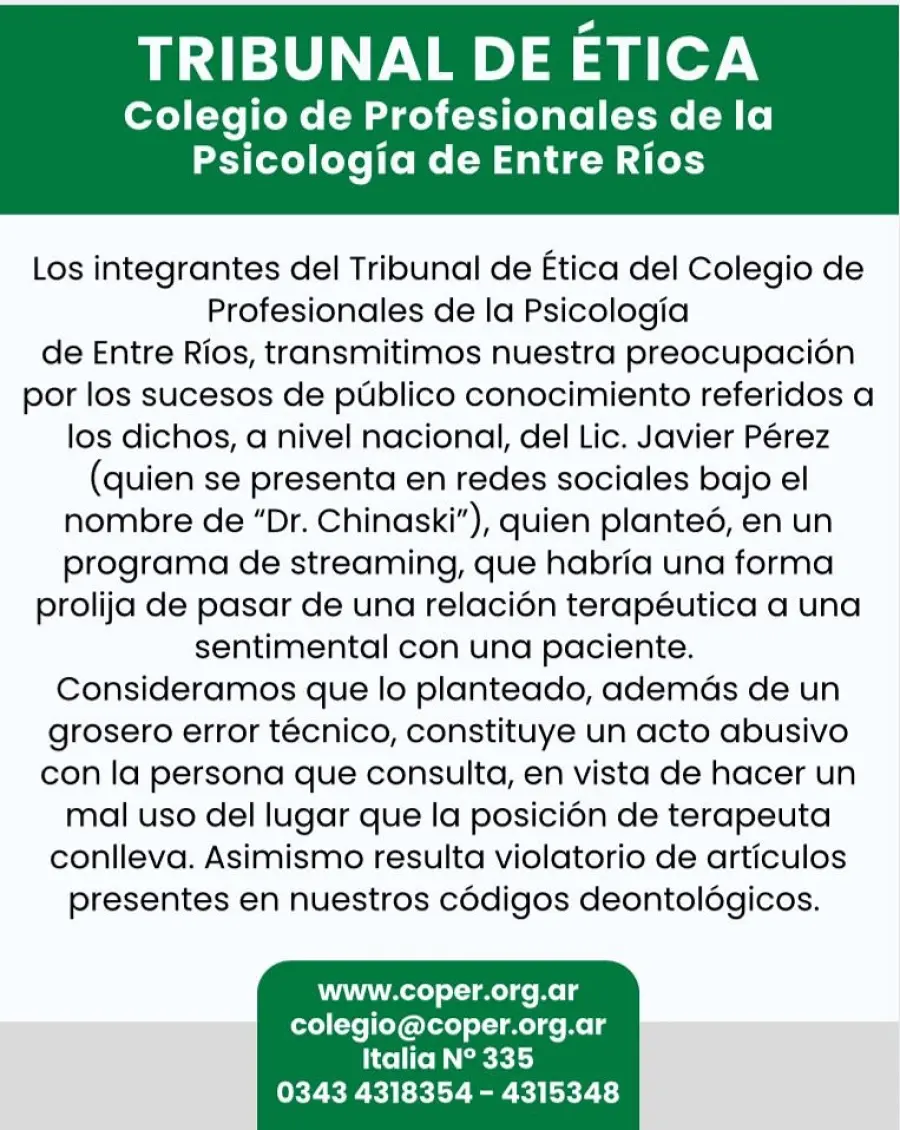 El Colegio de Psic&oacute;logos repudi&oacute; los dichos del &ldquo;Doctor Chinaski&rdquo;