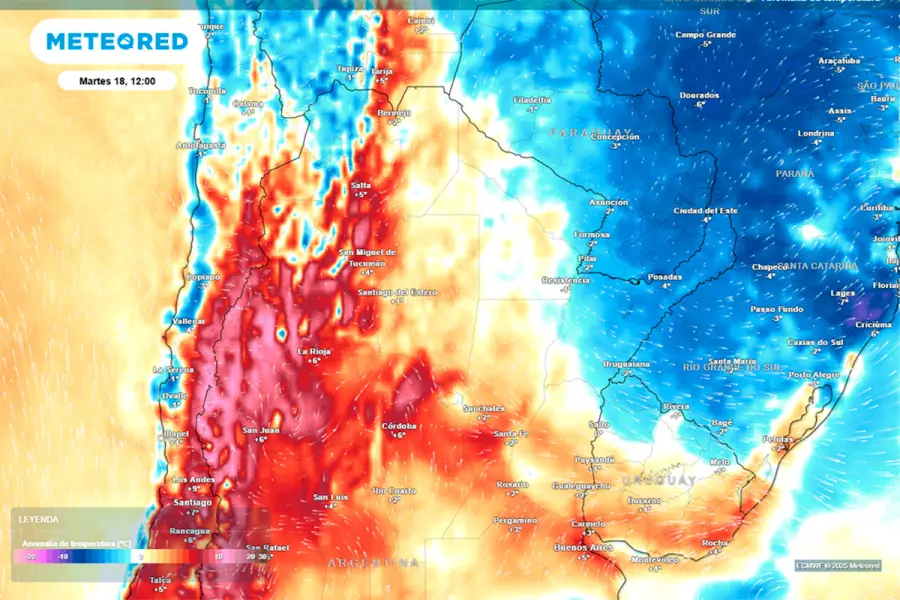 Anomalía de temperatura prevista para el próximo martes según el modelo ECMWF (foto Meteored)