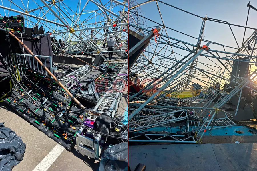 Las estructuras da&ntilde;adas en el escenario de la FDD (foto Elonce)