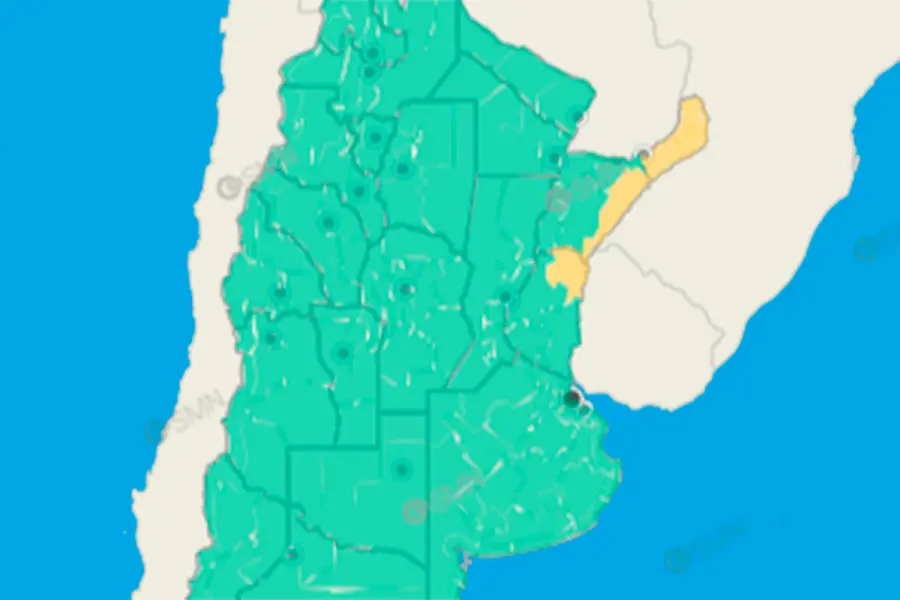 El mapa de alerta en Entre R&iacute;os para el martes. Foto: SMN.