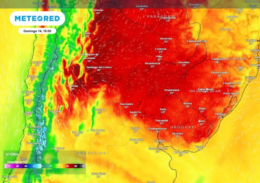 Temperaturas previstas para la tarde del domingo a las 16:00, con valores hasta 10 &deg;C menores a los de 24 horas atr&aacute;s, debido a la entrada de aire m&aacute;s fr&iacute;o y seco (fuente Meteored)