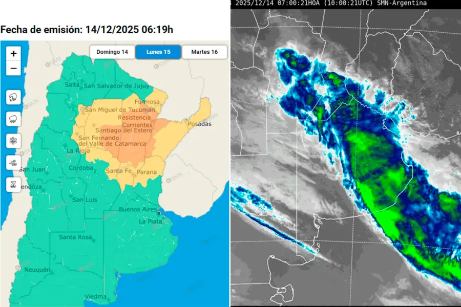 Para este lunes, rige una alerta por tormentas fuertes para el centro sur entrerriano (captura de SMN)