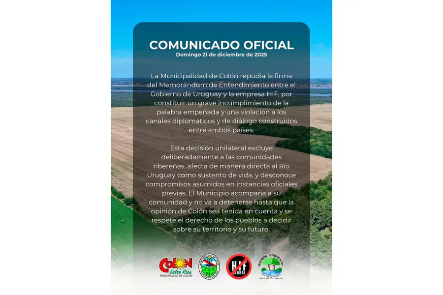El comunicado completo. Foto: Municipalidad de Col&oacute;n.