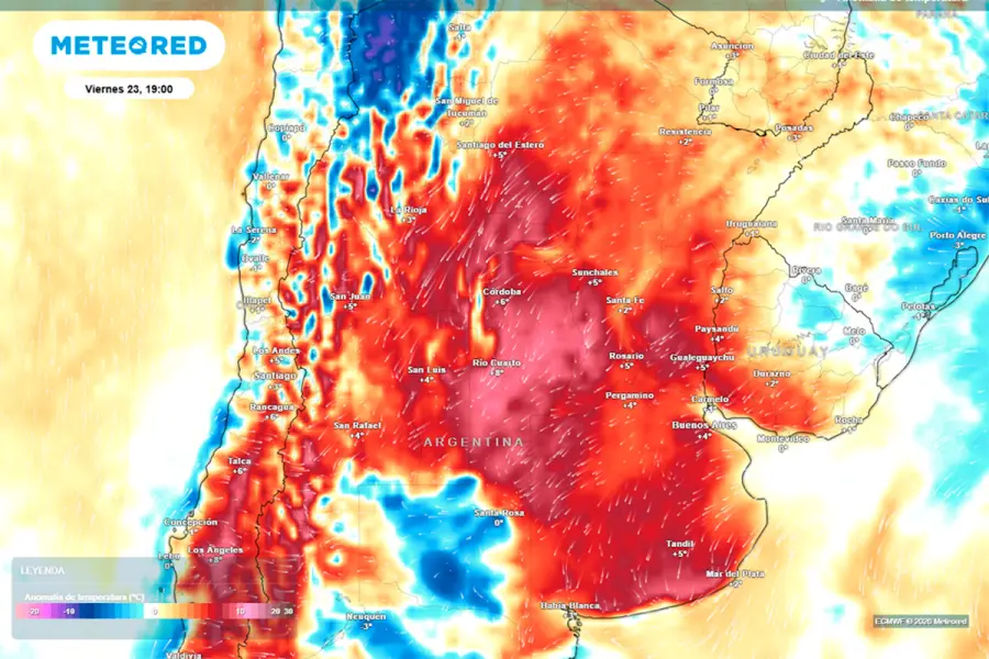 Anomal&iacute;a de temperatura prevista para la tarde de hoy seg&uacute;n el modelo ECMWF (fuente Meteored)