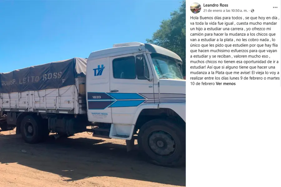 Un camionero solidario lleva gratis las mudanzas de estudiantes a La Plata (foto Facebook)