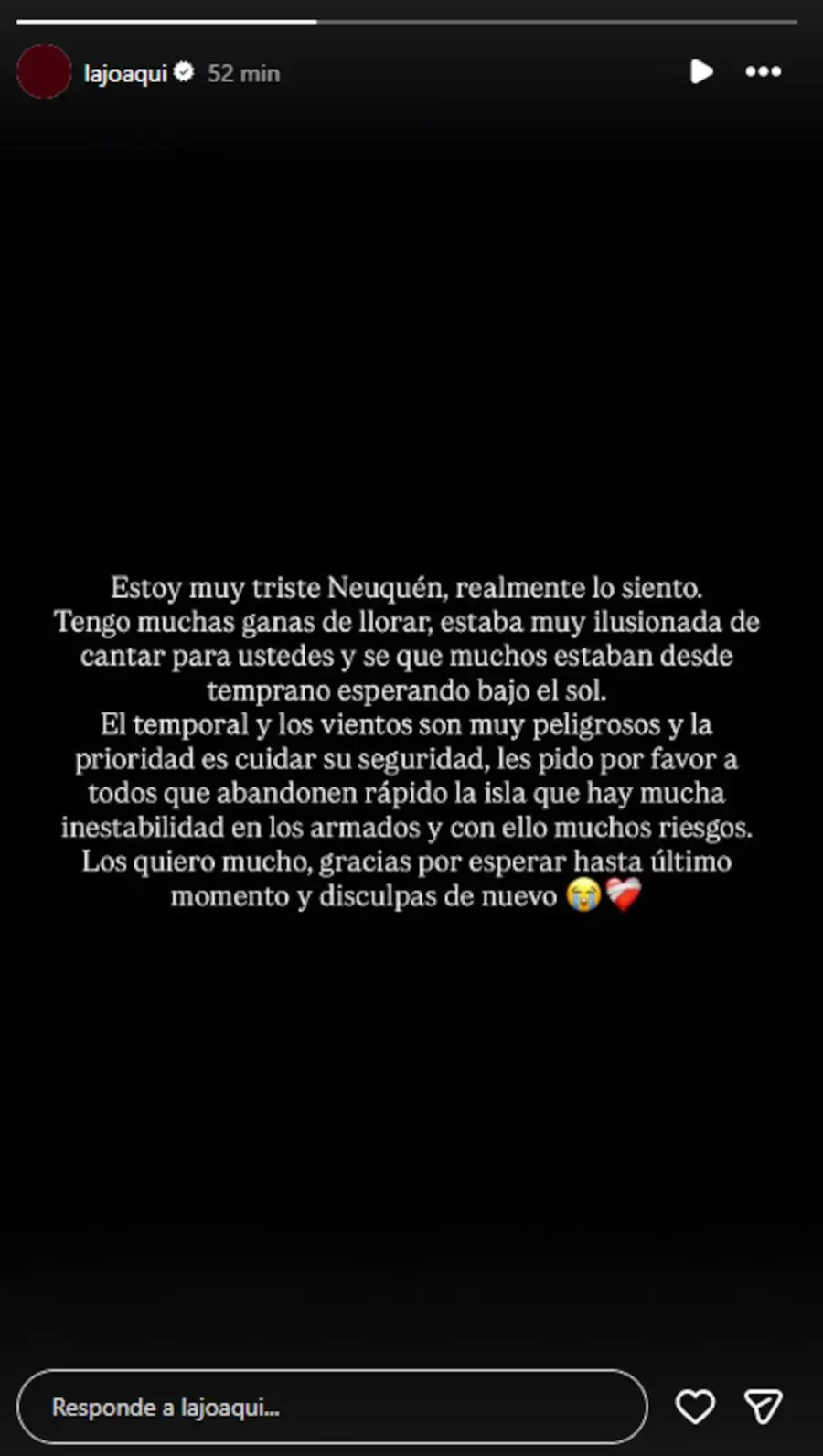 El posteo de La Joaqui tras la suspensi&oacute;n del show