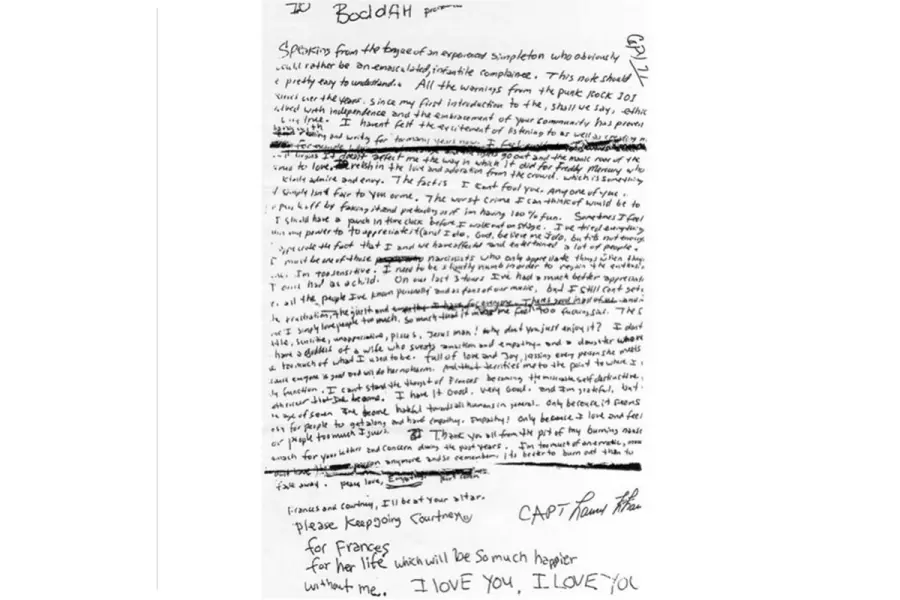La nota de suicido de Kurt Cobain. Revelan que existe una discrepancia visual y estil&iacute;stica entre el cuerpo del texto y las &uacute;ltimas l&iacute;neas. (Foto: Reddit).