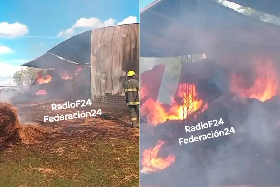 Incendio arras&oacute; un galp&oacute;n con fardos y maquinarias