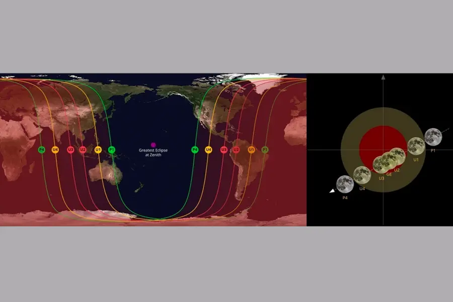 El mapa que muestra d&oacute;nde se ver&aacute; el lunar total "Luna de Sangre", del 3 de marzo 2026. (Foto: theskylive)