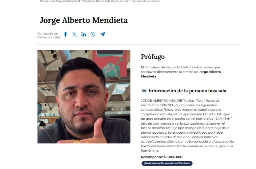 El ofrecimiento de recompensa por parte del Ministerio de Seguridad de la Naci&oacute;n