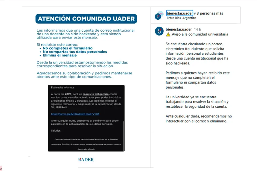 El mensaje de bienestar.uader en redes (captura de Instagram)