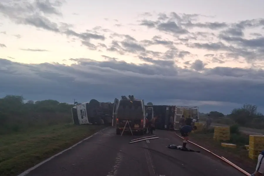 Cami&oacute;n volcado en Ruta 18.